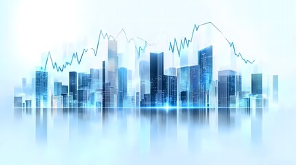 Obraz premium Digital Urban Economy Concept Showcasing City Skyline with Financial Data Visualizations and Progress Indicators in Futuristic Blue Transparency, Clean Polished Architectural Style for Modern Economy 