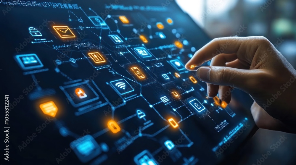 Poster hand interacting with digital interface showing connected network of icons