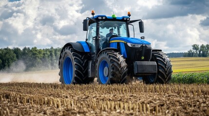 Fototapeta premium Modern tractor fueled by hydrogen, operating on farmland, highlighting sustainable agriculture technology
