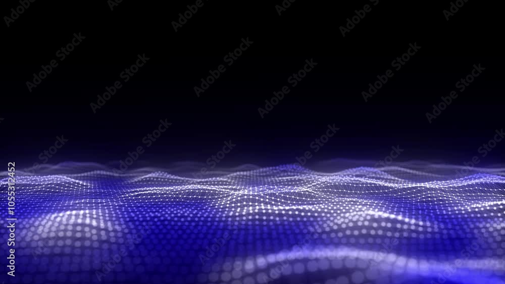 Poster abstract technology colors wave with motion glowing dots. dark cyberspace in digital background. con