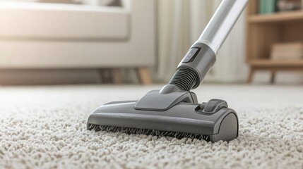 A modern vacuum cleaner cleans a plush carpet in a cozy living room setting, highlighting a clean and tidy atmosphere.