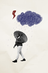 Vertical photo collage of happy american man walk umbrella autumn fall cyclone rainstorm season...