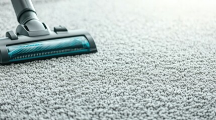 A vacuum cleaner head is positioned over a soft, textured carpet, highlighting a clean and tidy home environment.