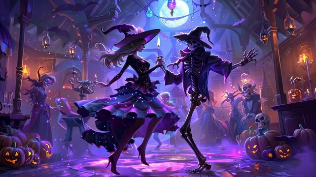 Enchanted halloween dance with skeleton and witch in spooky ballroom setting