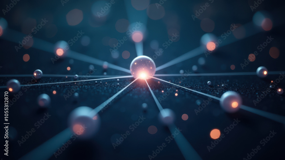 Poster a dynamic image of cosmic particles in motion with a focus on one larger particle surrounded by smal