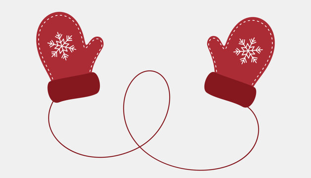 Red mittens on a rope with snowflake pattern. Warm accessory for winter. Decorative element for Christmas design. Vector illustration.