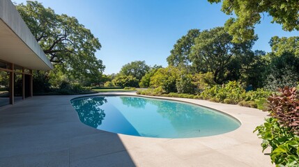 Modern oval swimming pool surrounded by lush greenery in a backyard with a clear blue sky and sunlight.