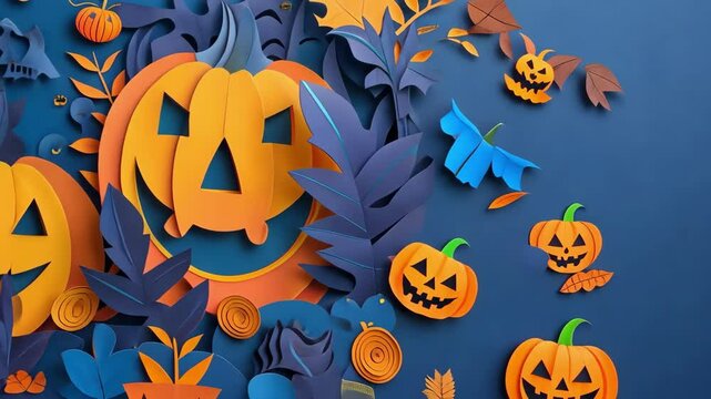 Vibrant halloween paper art with pumpkins and autumn leaves