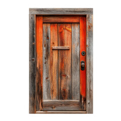 Rustic wooden door with orange accents on transparent background.