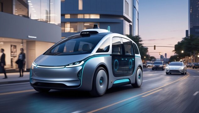 Futuristic robotaxi driving autonomously through busy urban streets with city lights