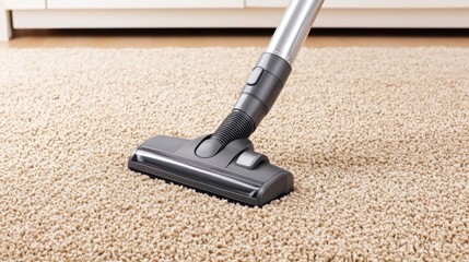 A vacuum cleaner nozzle is shown cleaning a carpet, showcasing its effectiveness on textured flooring.