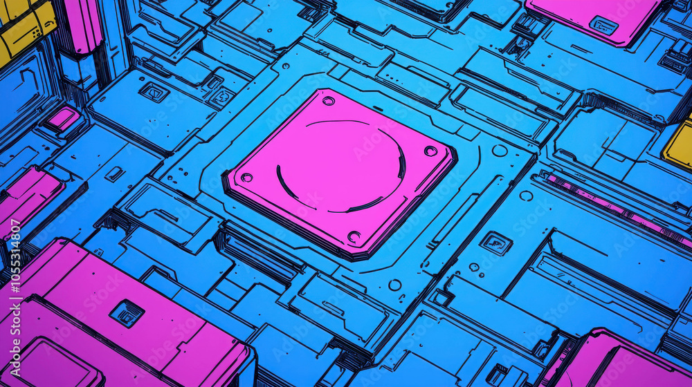 Poster abstract circuitry: a mesmerizing abstract design of vibrant, geometric patterns reminiscent of a fu