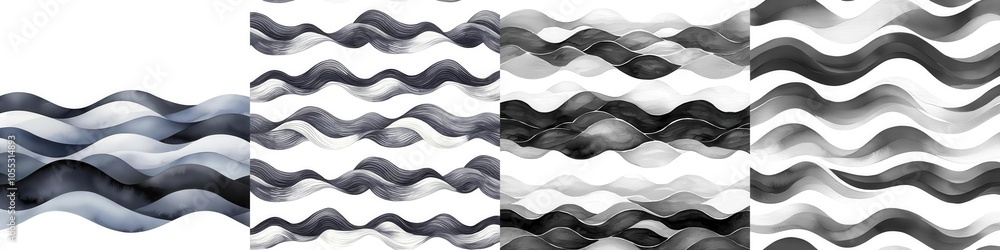 Poster watercolor music theme abstract wave patterns in black and white, creating a dynamic and fluid visua
