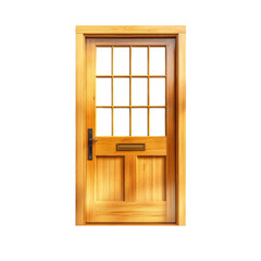 Wooden door with glass panels, on transparent background.