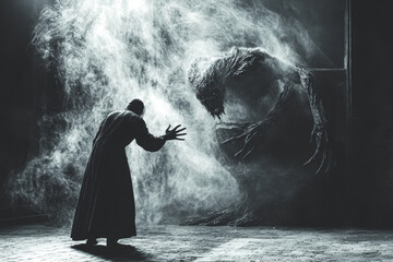 Obraz premium The cloaked figure stretches out his hands, seemingly challenging a looming, monstrous presence that emerges from the haze, creating a tense atmosphere.