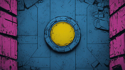 Cyberpunk Portal: A futuristic, abstract portal with a yellow center and a blue and pink grunge background.  The portal is cracked and broken, suggesting a sense of danger and mystery.
