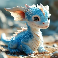 Adorable blue baby dragon on rocks