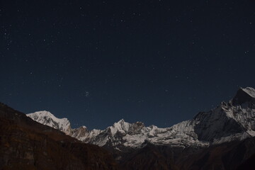 Landscape of anapurna base camp  at night .many star on the clear sky .snow mountain with star. night big mountain background and many star.astronomy.