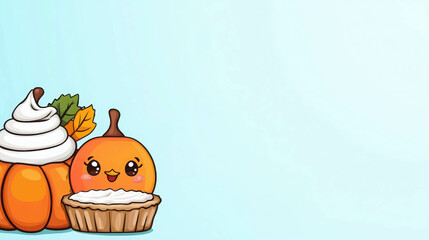 Cute Pumpkin Pie & Whipped Cream Banner:  Autumnal charm meets adorable kawaii style in this whimsical banner featuring a smiling pumpkin pie with whipped cream, ready to be filled with your message.