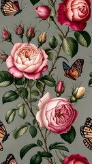 Seamless pattern with blooming roses and flying butterflies, hand drawing. Vector illustration.