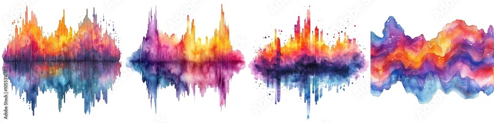 Poster watercolor music theme vibrant waveforms in colorful gradients, depicting audio frequencies with rhy