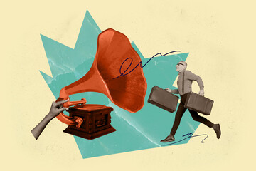 Composite trend artwork 3D sketch image photo collage of carefree party obsolete vintage vinyl recorder gramophone man run baggage travel