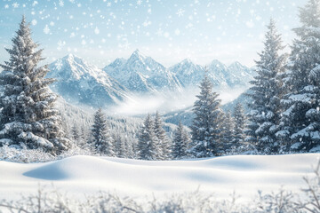 Serene Winter Mountain Landscape with Falling Snow and Frosted Trees