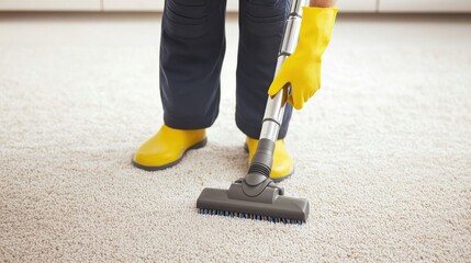 A person in yellow gloves and boots is vacuuming a carpet, focusing on cleanliness and home maintenance.
