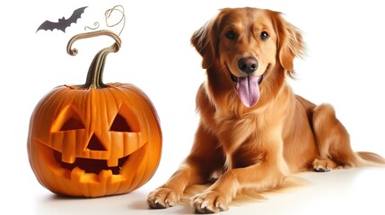 Halloween Pumpkin and Dog - a delightful and festive autumn scene. The cheerful dog beside the pumpkin adds a playful touch to the Halloween spirit.