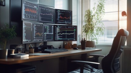 Modern office with multiple monitors and a desk.