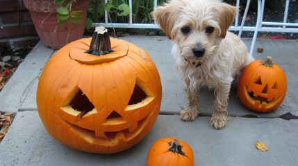 Halloween Pumpkin and Dog - a delightful and festive autumn scene. The cheerful dog beside the pumpkin adds a playful touch to the Halloween spirit.