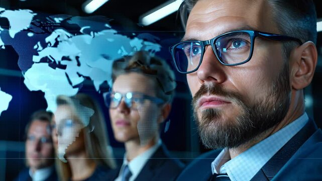 Business professionals analyze global market trends in a modern conference room, on the background of the world map
