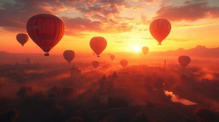 Naklejka premium Hot Air Balloons at Dawn, silhouettes soaring over a sprawling landscape, vibrant sky hues creating a breathtaking morning scene