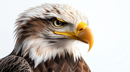 Obraz premium Close-up profile of a bald eagle showing its detailed feathers, sharp yellow beak, and intense eyes with a soft white background.