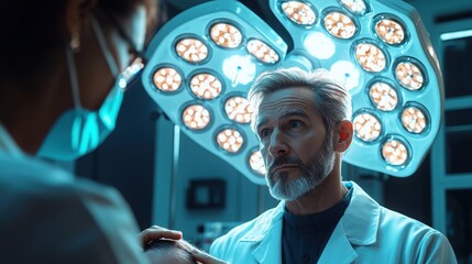 Surgeons discussing a patient's condition in a modern operating room at night