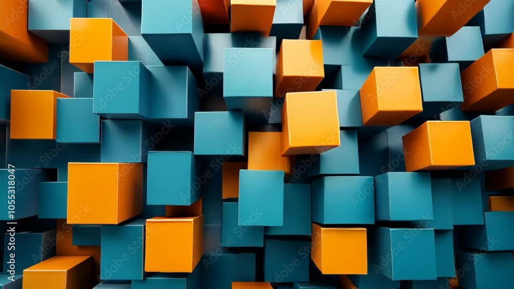 Poster a close-up view of orange and blue cubes stacked on top of each other, creating a complex geometric 