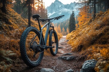 Mountain bike resting on a trail surrounded by autumn foliage and majestic mountains at sunset