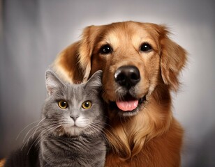 A Happy Golden Retriever and Grey Cat Posing Together in a Studio Setting