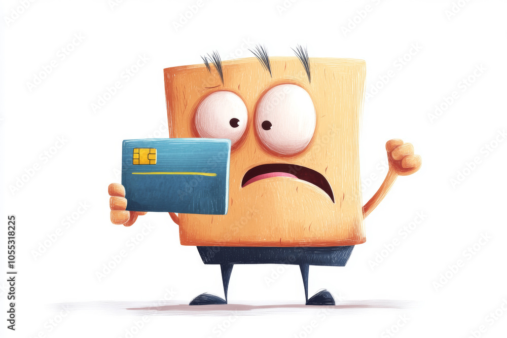 Poster a cartoon character holding a credit card with a surprised expression while standing against a plain
