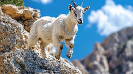 Obraz premium White Goat Standing on a Rocky Ledge Against a Blue Sky