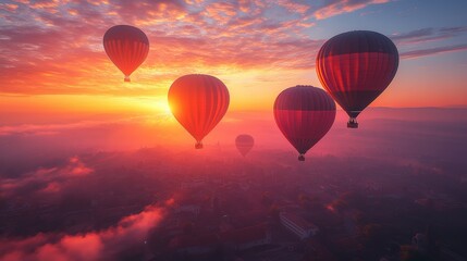 Obraz premium Dawn Balloons Over Landscape, hot air balloons silhouetted against a vibrant sky, expansive terrain below, serene morning atmosphere