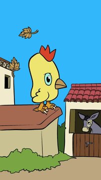 Un pollo de granja subido en una repisa en un d&iacute;a de oto&ntilde;o con mucho viento. V&iacute;deo vertical
