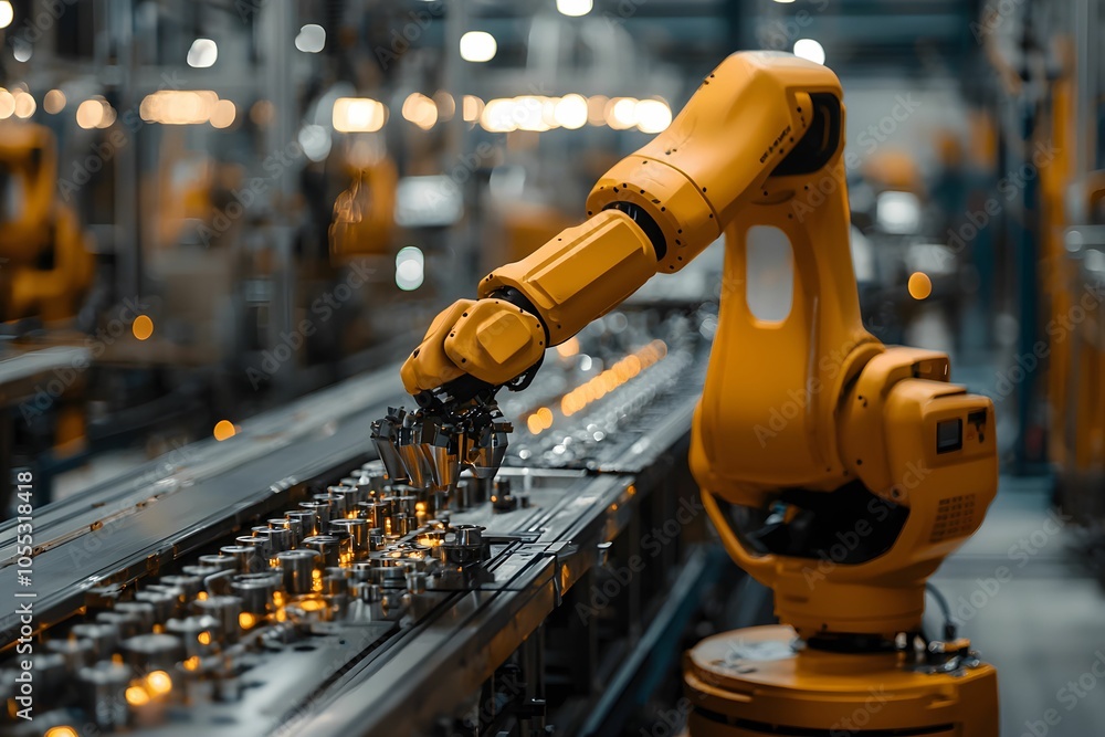 Poster advanced robotic arm assembling components in a modern factory