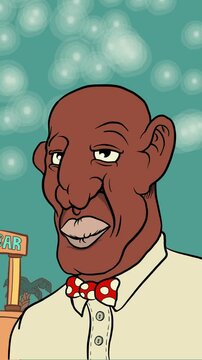 A happy, bald, black man with bulging eyes in cartoon style. Vertical video