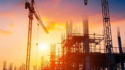 A construction site at sunset showcases cranes and steel rebar, creating dramatic skyline. vibrant colors evoke sense of progress and hope for future