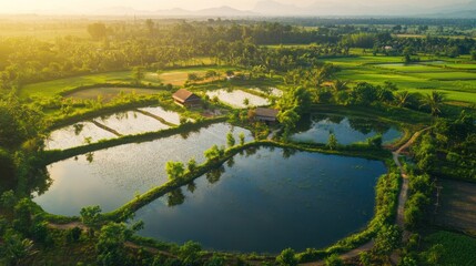 Thai aquaculture pond with farmers harvesting fish, set against a green landscape.