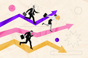 Obraz premium Composite photo collage of happy business men girl run arrow promotion way development success stats isolated on painted background