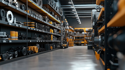 Fototapeta premium Automotive parts store aisle with shelves full of various components including belts, filters, and wheels. The aisle is well-lit with a focus on the organized display.