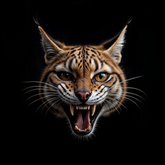 The head of a wild lynx is depicted on a black background