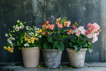 Close-up of colorful flowers in a pot on a gray background, created by ai